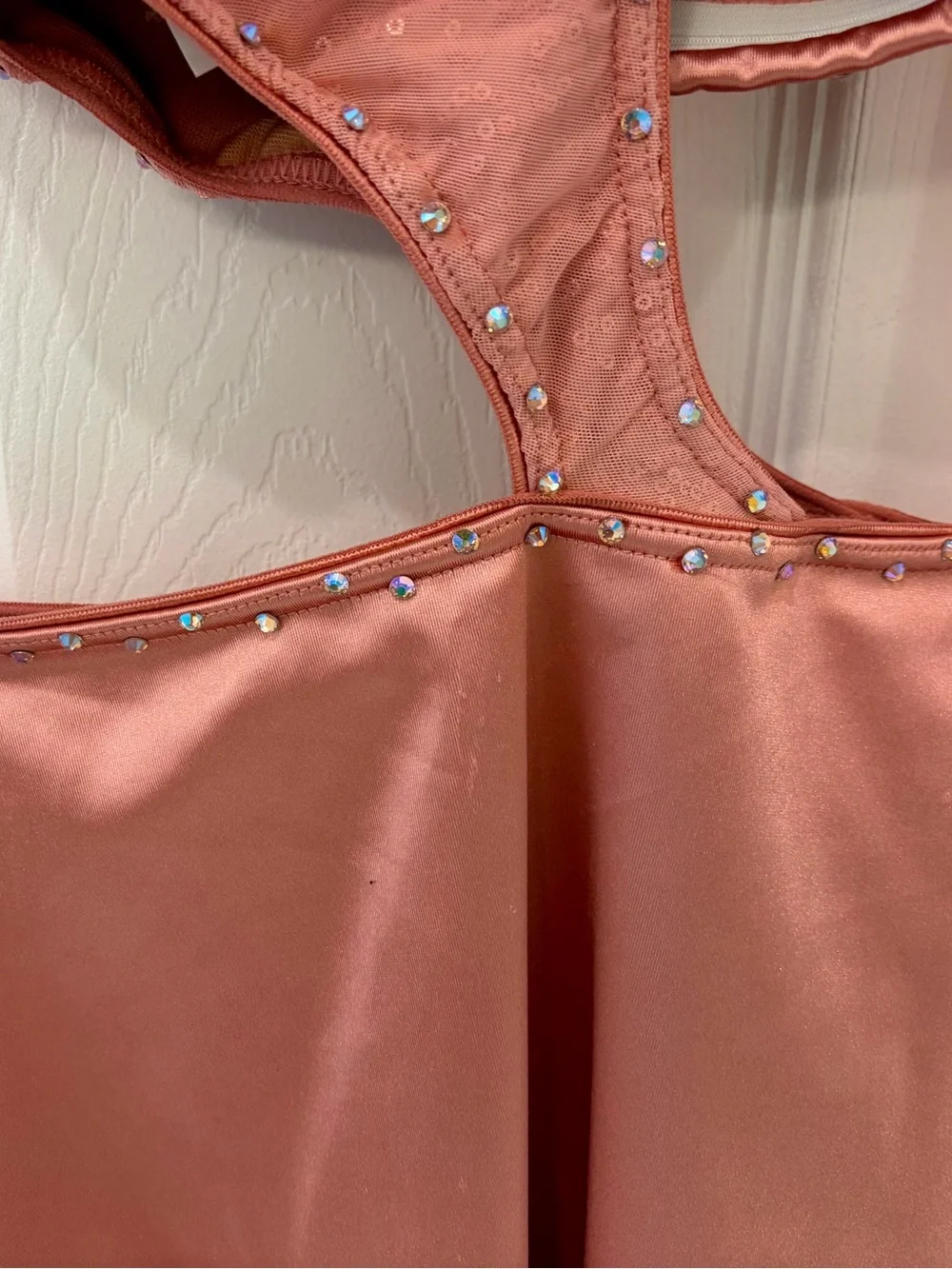 CXL Light Pink Satin Dance Costume with Sequins and Stones and Asymetrical Skirt